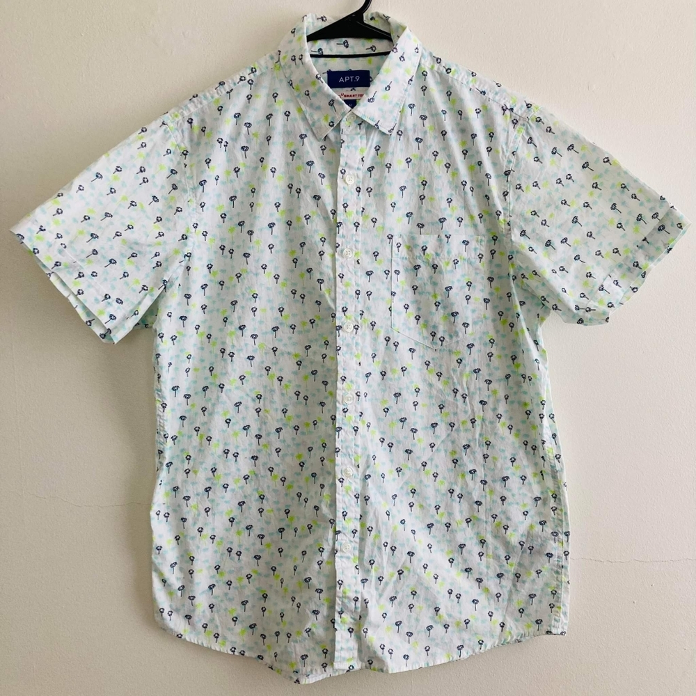 ☀️Apt 9 | Medium | White | Tropical | Green | Button Down Shirt